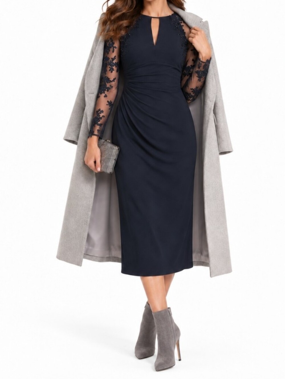 David Meister S6 Sheer Long Sleeve Floral Sequin Design Dress Dark Blue